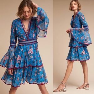 Tadashi Shoji Blue Floral Tiered Bell Sleeve Dress